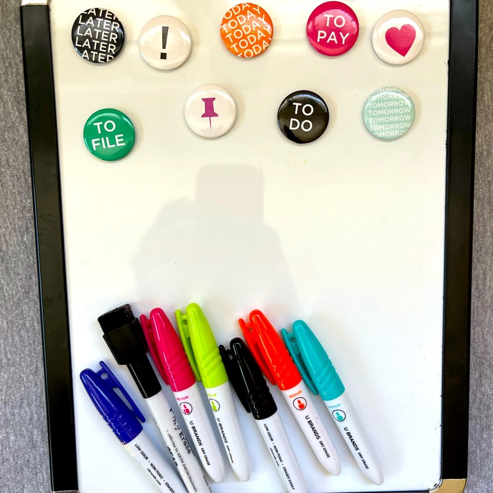 Dry erase board, markers, and magnets